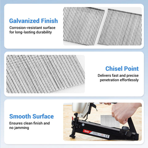 Five Sizes 16 Gauge Galvanized Finish Nails 2500 Pcs Assorted Set for crown molding showing chisel points and smooth surface