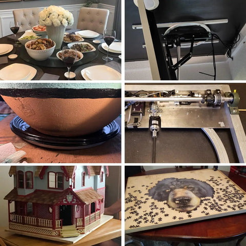 Top Shelf Aluminum Alloy 4 Pack Lazy Susan Turntables With Breezy 360 Spin Action For Kitchen Cabinets Countertops And Dining Tables Straight Up Hassle Free Organizer Hardware on a dining table with food.