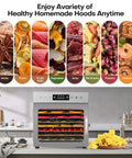 No Fuss Stainless Steel Food Dehydrator For Pulling Perfect Jerky Fruits Veggies Herbs 8 Roomy Trays with healthy snacks displayed.
