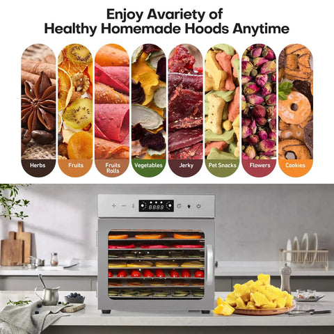 No Fuss Stainless Steel Food Dehydrator For Pulling Perfect Jerky Fruits Veggies Herbs 8 Roomy Trays with healthy snacks displayed.