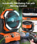 40000mAh Camping Fan With LED Light Remote And Hook Rechargeable Oscillating Tent Fan For Power Outs Travel RV Job Site Orange Battery Bank