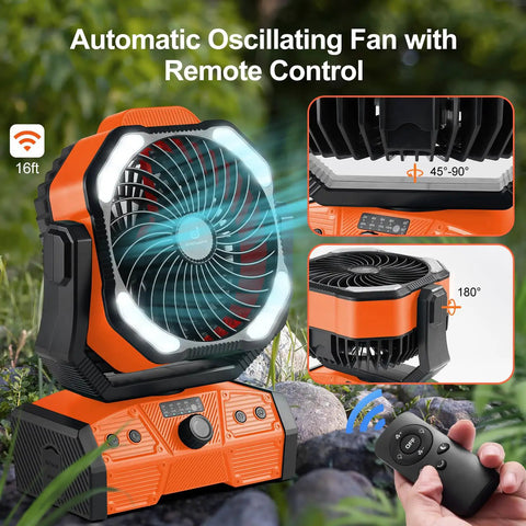 40000mAh Camping Fan With LED Light Remote And Hook Rechargeable Oscillating Tent Fan For Power Outs Travel RV Job Site Orange Battery Bank