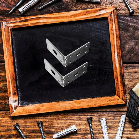 5 Pack Small Corner Shelf Brackets L Shaped 90 Degree for Wood Furniture Heavy Duty Silver Brackets on blackboard.