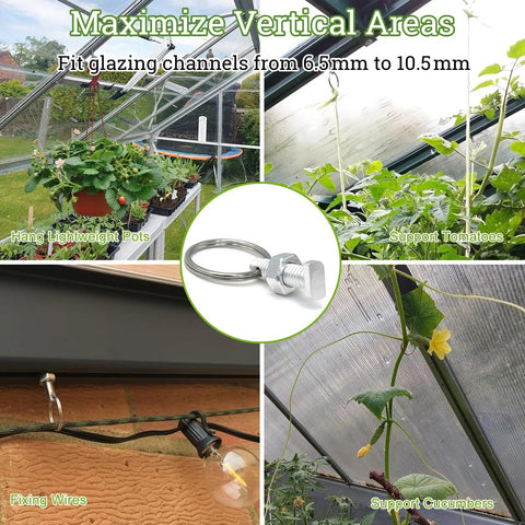 15 Pack Greenhouse Bolts And Rings With Aluminium Cropped Head Bolts And Nuts, Includes Plant Ties And Plant Hangers For Quick Fix Anchors In Channels, Best Spares Kit For New Installations And Repairs On Greenhouse Glazing Grooves 6.5mm To 10.5mm