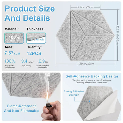 Hexagon Acoustic Panels Dead Ass Soundproof Foam Wall Tiles High Density Noise Dampeners with peel and stick design and flame-resistant material.