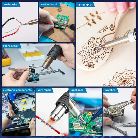 Dual Function Soldering Station With Hot Air Rework Kit 2 In 1 Digital Display Iron For Electronics Repair Portable SMD Rework Station 8898 Style Celsius And Fahrenheit Readout Auto Sleep And Easy Setup used in various electronics repair and crafting applications.