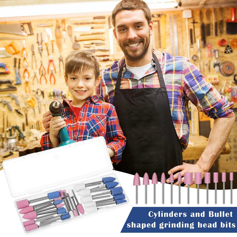 Man and boy in workshop with 36 Piece Shank Mounted Abrasive Stone Grinding Points Set For Rotary Tools, plastic box shown.
