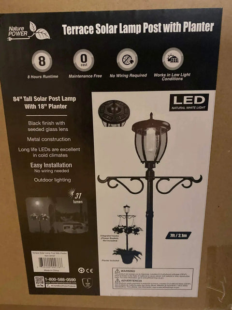 Box of 84 Inch Solar Powered Led Lamp Post With 18.5 Inch Planter No Wiring Needed Outdoor Garden Light, showing product specs