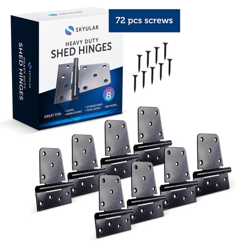 Heavy Duty Gate Hinges 8 Pack Black Iron Tee Strap Self Closing With 72 Stainless Steel Screws and packaging