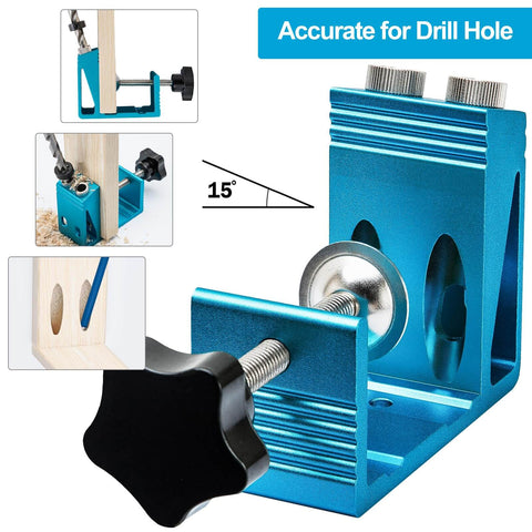 Pro Grade All In One Pocket Hole Jig Kit For Precise Dowel Drill Joinery And Screws In Woodworking Projects For DIY Hobbyists And Pros With Durable Metal Construction For Flush And Angled Holes Upgrade Version shown in blue metal with clamp and drill guide features.