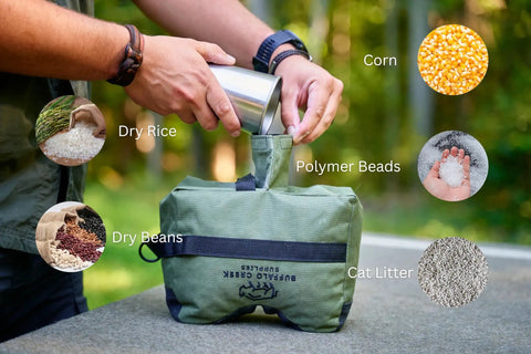 Person filling All Weather Front And Rear Shooting Bag Combo For Target Practice And Bench Rest Use with filler options shown