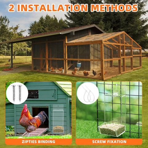 Clear Acrylic Oyster Shell And Grit Feeder For Chickens With Heavy Duty Lid And No Sweat Wall Mount Clips displayed during installation methods.