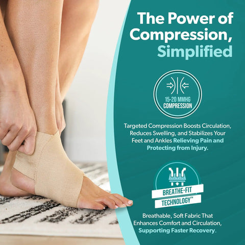 Elastic Ankle Support Sleeve for men and women shown on foot, lightweight latex-free beige small, breathable compression.