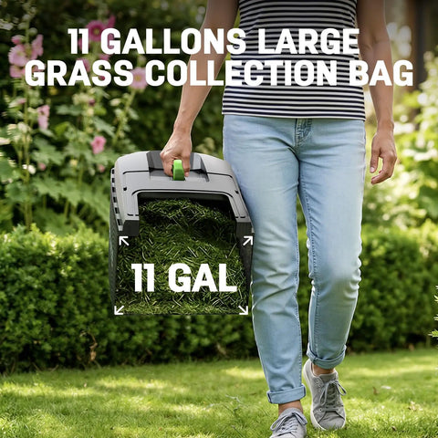 Person carrying 11-gallon grass collection bag for 17 Inch Electric Lawn Mower With Brushless Motor And 6 Height Settings.
