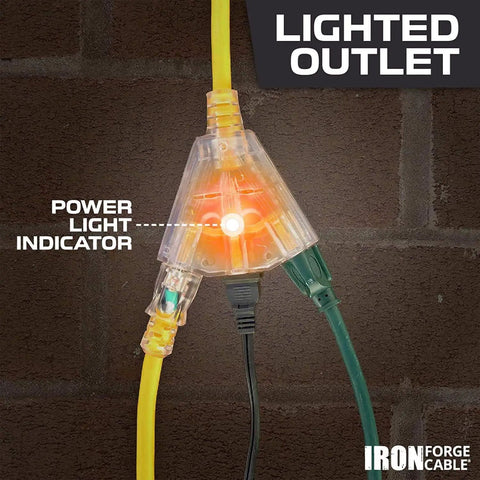 Built Tough Heavy Duty Outdoor Extension Cord 25ft With 3 Outlets 10 Gauge Three Conductor SJTW Yellow Lighted Power Cable