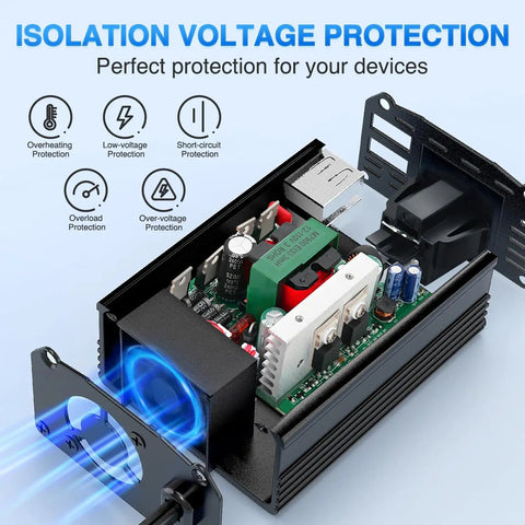 Road Ready 150 Watt Car Power Inverter Plugs Straight Into Cigarette Lighter To Crank Out 12V DC To 110V AC With Dual 3.1A USB Ports And Standard Outlet For Solid Everyday Charging On The Fly, showcasing internal components and cooling system.