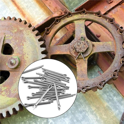 Beefy Stainless Steel Cotter Pins Assortment Kit 450 Pieces Split Pins Clip Fasteners securing rusted machinery gears.