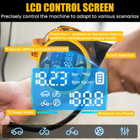 LCD screen of Cordless Tire Inflator With 160 PSI LCD Gauge showing pressure settings and unit selection options.