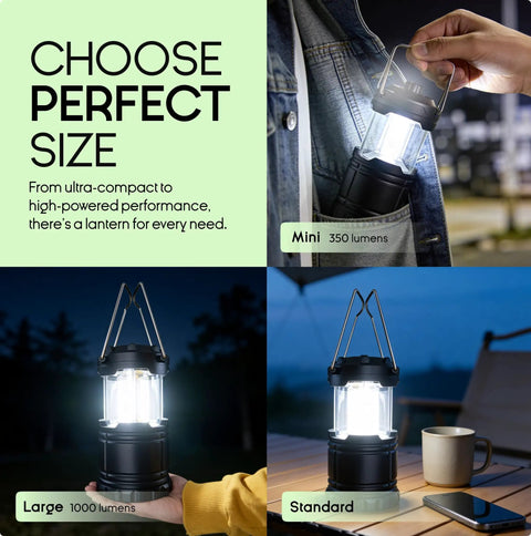 LED Camping Lantern For Outdoor Adventures And Home Power Outages with mini, large, and standard sizes shown in various settings.