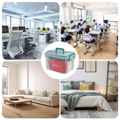 1 Pack Plastic Medicine Storage Kit All In One With Detachable Green Tray And Eight Grid Compartments Clear First Aid Storage Box With Sturdy Handles Portable Household Organizer for Meds And Small Supplies in classroom, office, living room, bedroom settings.