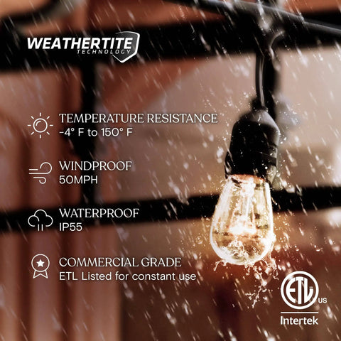 Close-up of Dope Outdoor String Lights 48 Ft With 15 Dimmable Edison Bulbs 11W Waterproof Commercial Grade Patio Lights during rainfall