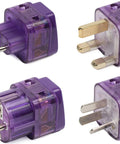 Four Piece Asia Travel Adapter Set With Dual Plug Ports And Built In Surge Protection, purple adapters, four different angles