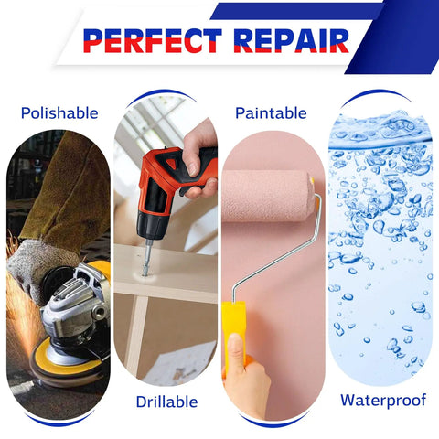 Image showing versatile uses of Underwater Ready Epoxy Putty Filler for Leaks and Cracks 8 Oz, including polishing, drilling, painting, waterproofing.