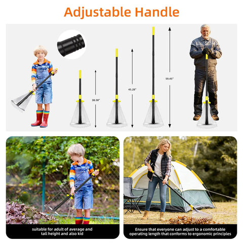 Go To Adjustable Metal Leaf Rake With Wide And Narrow Modes, varying handle lengths shown, suitable for all ages.