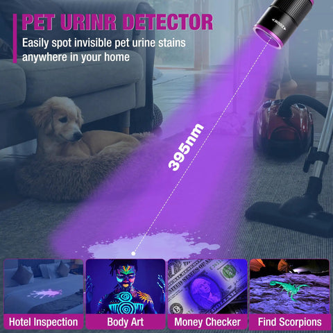 Rechargeable Pen Flashlight With UV And White Light 395nm Black Light Pen with Clip for pet urine detection in home.