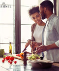 Couple cooking with 12 Inch Cast Iron Skillet With Glass Lid And Silicone Handle For Easy Grabbing Preseasoned And Oven Safe