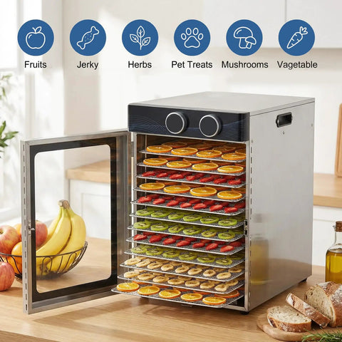 Sleek Electric Food Dehydrator With 12 Stainless Steel Trays And 1200 Watt Motor For Beef Jerky Dried Fruit And Herbs showing fruits and snacks drying.