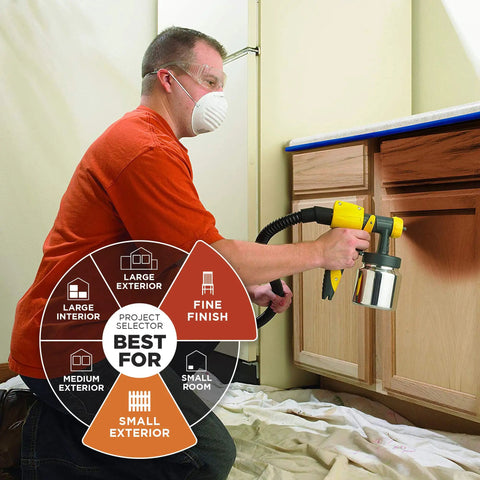 Man using Control Spray Max HVLP Paint Sprayer For DIYers And Pros Corded Turbine Sprayer Delivers Smooth Finish On Doors Trim