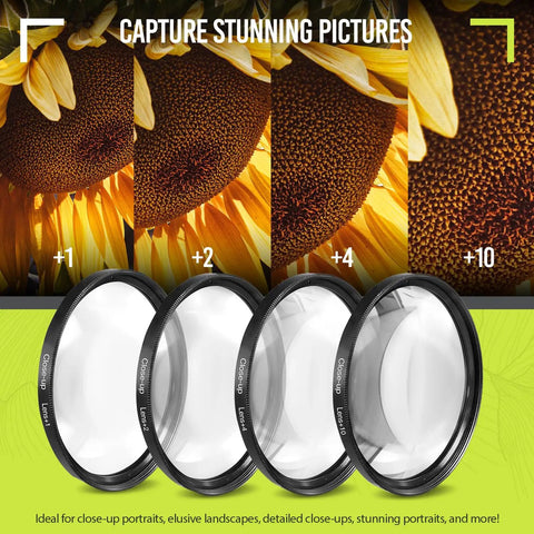 Deluxe Lens Kit For Rebel DSLRs Packed With 58mm Filter Set showing close-up filters with sunflower detail enhancement.