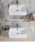 Dual installation of Wall Mount Bathroom Sink, Small White Rectangular Ceramic Vessel Sink For Modern Baths, showing floating and countertop installs.