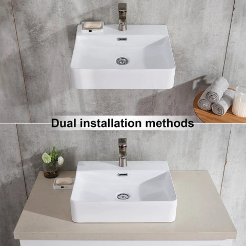 Dual installation of Wall Mount Bathroom Sink, Small White Rectangular Ceramic Vessel Sink For Modern Baths, showing floating and countertop installs.
