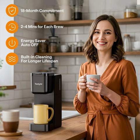 Woman using All In One Compact Coffee Maker For K Cup Pods Ground Coffee And Tea Leaves Brews Dope Hot Bold And Over Ice In 6 To 16 Oz Sizes Perfect For Small Kitchens Dorm Rooms Or Office Black Version Two