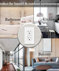 Hella Reliable 100 Pack of 20 Amp GFCI Outlets With LED Indicators UL Listed Weather Resistant Receptacles shown in various environments.