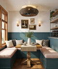 20" Boho Ceiling Fan with Light, Rattan Caged Ceiling Fan with Remote in a cozy dining nook.