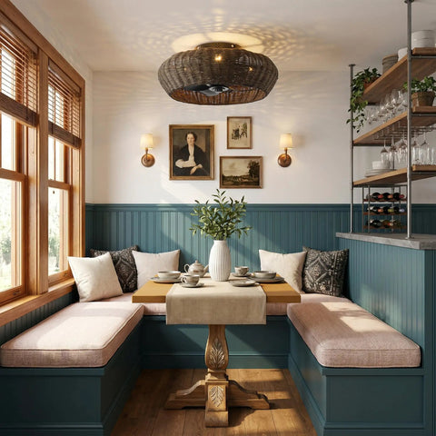 20" Boho Ceiling Fan with Light, Rattan Caged Ceiling Fan with Remote in a cozy dining nook.