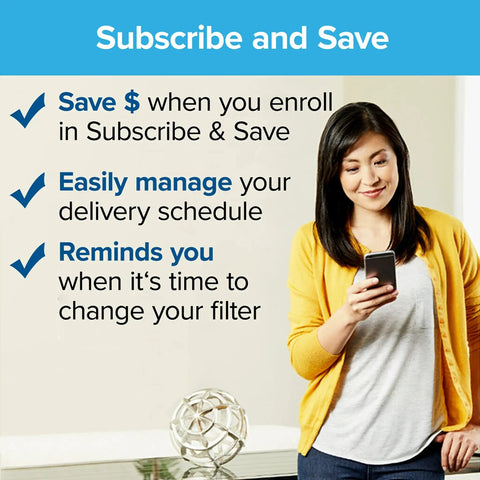 Woman using phone for filtering solutions with subscribe and save option for 12x12x1 MPR 600 Pleated Air Filter Pack With MERV 7.