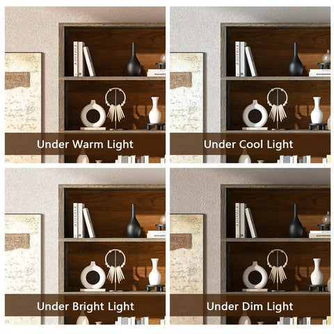 5 Tier Solid Wood Book Shelf Floor Standing Bookcase in Walnut Finish with Arched Base Farmhouse Style under different lighting
