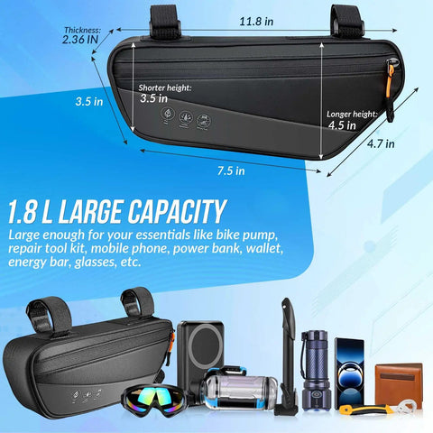 Waterproof Triangle Bike Bag With Side Pocket And Reflective Under Tube Storage For Road And Mountain Cycling Travel One Point Eight Liters Capacity Keeps Water Bottle Cage Clear Minimal Interference Stable Fit On Every Ride Road Trip Ready with 1.8L labeled dimensions and accessories