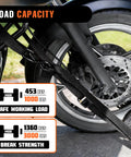 Close-up of motorcycle wheel secured with 2 Pack 1.5 Inch By 8 Ft Beefy 3000 Lb Motorcycle Tie Down Straps, load capacity shown.