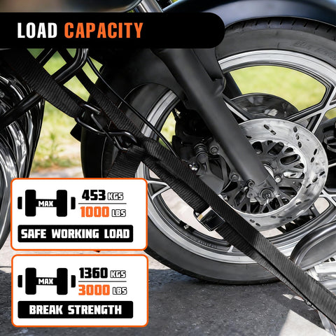 Close-up of motorcycle wheel secured with 2 Pack 1.5 Inch By 8 Ft Beefy 3000 Lb Motorcycle Tie Down Straps, load capacity shown.