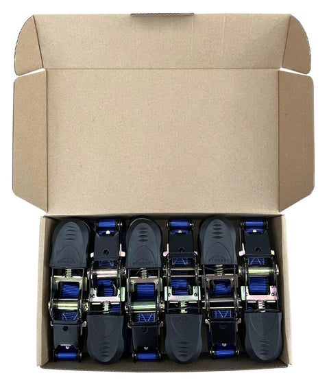 Heavy Duty 6 Pack Ratchet Straps Tie Down Haulers 1 Inch X 12 Foot With S Hooks for securing cargo in a cardboard box.