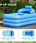 Inflatable Adult Bathtub With Free Standing Design shown outdoors, blue PVC with pillow, for home spa use, 63 x 33 x 29.1 inches