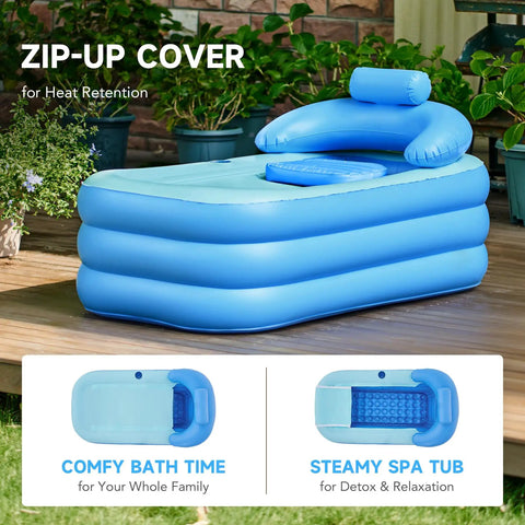 Inflatable Adult Bathtub With Free Standing Design shown outdoors, blue PVC with pillow, for home spa use, 63 x 33 x 29.1 inches