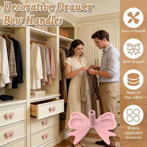 Pink Bow Drawer Knobs 10 Pack Bow Tie Shaped Zinc Alloy Vintage Style Dope Furniture Pulls For Dresser Cupboard Nightstand Nursery Includes Matching Screws Premium Finish Easy Install shown installed on white dresser in bedroom with couple, close-up of bow knob detail