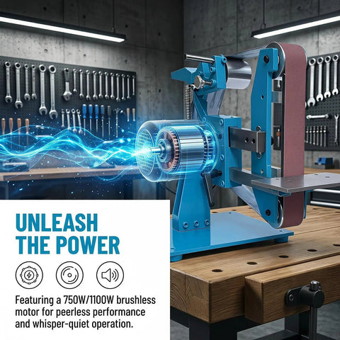 Powerful 750W Brushless Electric Belt Sander, showcasing the motor and sanding mechanism in a workshop setting.