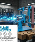 Heavy Duty 1100W Brushless Grinder And Polisher Belt Sander With Adjustable Speed Control Up To 5000 Rpm on workbench.